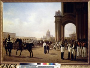 Vojenská přehlídka na Palácovém náměstí v Petrohradě (přehlídka na Palácovém náměstí v Petrohradě). Obraz Adolphe Ladurner (1798-1856), olej na plátně