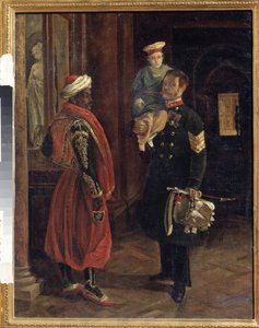 Scéna U Dvora. Obraz Adolphe Ladurner (1798-1856), olej na plátně, kolem roku 1840. Francouzské umění 19. století. Státní muzeum války a historie Borodino, Moskva.