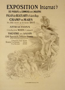 Reprodukce plakátu propagujícího mezinárodní výstavu komerčních a průmyslových výrobků, Palais des Beaux-Arts a Galerie Rapp, Champ de Mars, Paříž, 1893