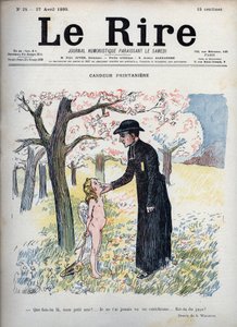 Jarní Candeur - V lese květin, kněz hladící tvář nahého dítěte, skrývající za zády luk a šíp a pár křídel. Protože neví, že je Amor, ptá se ho, jestli je nový, protože ho nikdo nikdy neviděl na katechismu - ilustr. od Adolphe Leon Willette