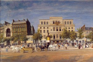 Celkový pohled na divadla boulevard du temple před proražením bulváru Prince Eugene, detail pařížských Caleches před Císařským divadlem. Obraz Adolphe Potemont (1828-1883)