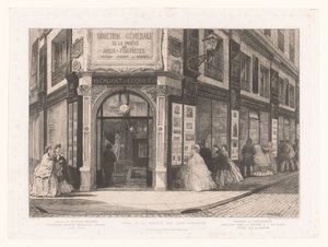 Pohled do obchodu Cadart a Luquet s dámami a pány u výloh Siège de la société des Aquafortistes (název na objektu) Eaux-Fortes Modernes: Originales et Inédites (název série)
