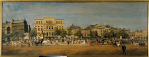 Proměny Paříže za Druhého císařství, Haussmann Paris: „“ Celkový pohled na divadla boulevard du Temple (Gaite, Imperial) před proražením bulváru Prince Eugene (současný bulvár Voltaire)““ Obraz Adolphe Potemont (