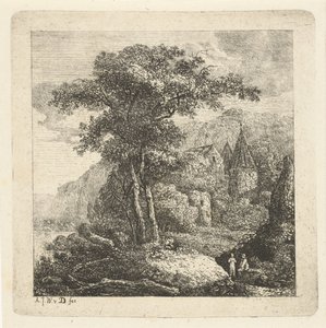 Hornatá krajina se stromy, hradem a dvěma postavami od Adriaan Jacob Willem van Dielen