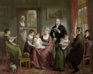 Portrét rodiny Adrianuse Bonebakkera s Dirkem L. Bennewitzem Portrét rodiny Adrianuse Bonebakkera a jeho partnerky D.L. Bennewitz od Adriaan de Lelie (signed by artist)