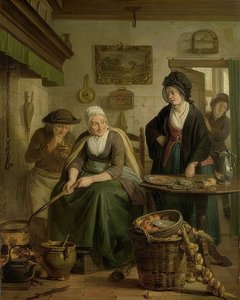 Žena pečení palačinek. Kolem 1790-1810