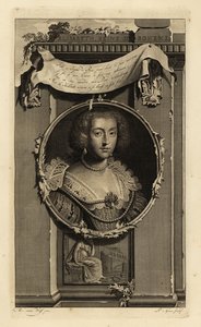 Alžběta Stuartovna, česká královna, falcká kurfiřta, manželka Fridricha V., zimního krále. Elisabeth, Reine de Boheme. V šatech s přiměřenými seříznutými rukávy, krajkový límec s perlami. Viněta ženy uvažující o padlé koruně. Mědirytina