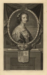 Henrietta Maria Francouzská, manželka anglického krále Karla I. Henriette Marie de France. V šatech s krajkovým límcem, perlový náhrdelník. S korunou a erbem. Mědirytina Charlese Simonneaua podle Adriaena van der Werffa z H od Isaaca de Larreyho