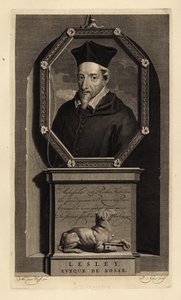 John Lesley, skotský historik a biskup z Ross. biskup z Rosse. Pes s klíčem. Mědirytina Pietera Stevense van Gunsta podle Adriaena van der Werffa z Histoire d