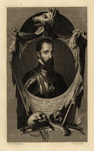 Portrét Ferdinanda Alvareze de Toledo y Pimentel, 3. vévody z Alby, neboli železného vévody. V brnění s řetězem řádu Zlatého rouna. S vlčí kůží, lidskými lebkami, mečem, dýkou a křesadlovou pistolí. Ferdinand de Tolede, vévoda d