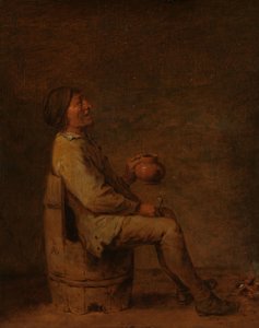 Muž sedící držící dýmku a džbán v interiéru od Adriaen Brouwer (possibly copy after)