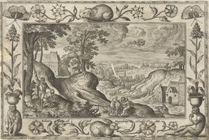 Abraham obětuje Izáka Krajiny s biblickými, mytologickými scénami a loveckými scénami (název série) od Adriaen Collaert