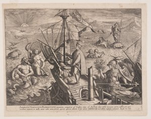 Amerigo Vespucci na své lodi z knihy Americae Retectio (Objevení Ameriky) od Adriaen Collaert