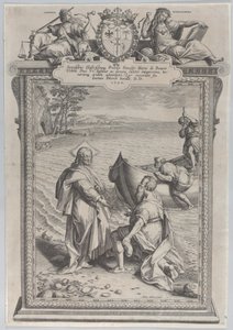 Kristus volá svatého Ondřeje, který před ním klečí na pláži, a svatého Petra, který leze..., 1590. od Adriaen Collaert