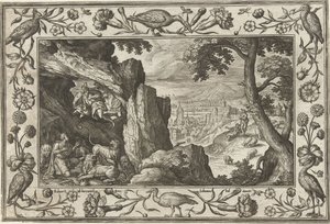 Daniel v jámě lvové Krajiny s biblickými, mytologickými scénami a loveckými scénami (název série) od Adriaen Collaert