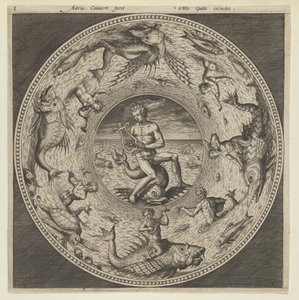 Design pro talíř s Arionem jezdícím na delfínu v medailonu ohraničeném mořskými příšerami..., c1600. od Adriaen Collaert
