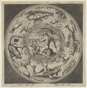 Design pro talíř s Neptunem ve skořápce nakresleným koňmi v medailonu ohraničeném ..., c1600. od Adriaen Collaert
