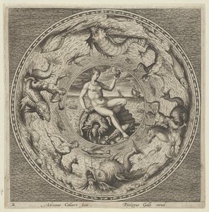 Design pro talíř s Thetis na skořápce v medailonu ohraničeném mořskými příšerami, c1600. od Adriaen Collaert