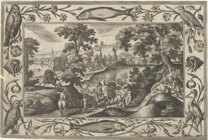 lov jelenů Krajiny s biblickými, mytologickými scénami a loveckými scénami (název série) od Adriaen Collaert