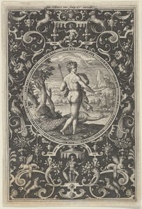 Juno v dekorativním rámu s groteskami, z Soudu v Paříži, ca. 1580-..., c1580-1600. od Adriaen Collaert