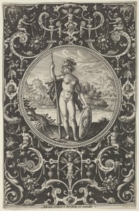 Minerva v dekorativním rámu s groteskami, z Soudu v Paříži, c1580-1600. od Adriaen Collaert