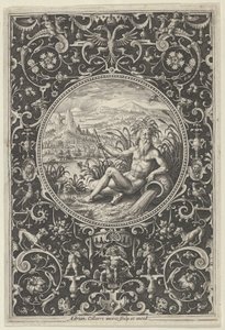 Neptun v dekorativním rámu s groteskami, z Soudu v Paříži, c1580-1600. od Adriaen Collaert