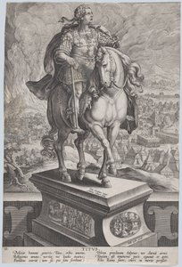 Deska 11: jezdecká socha Tita, pohled ze tří čtvrtin vpravo, hora Vesuv..., ca. 1587-89. od Adriaen Collaert