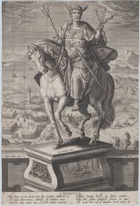 Deska 4: jezdecká socha Caliguly, viděno ze tří čtvrtin vlevo, na sobě ..., ca. 1587-89. od Adriaen Collaert