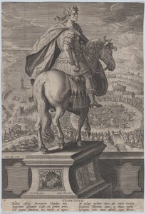 Talíř 5: jezdecká socha Claudia, pohled zezadu, námořní soutěž v ri..., ca. 1587-89. od Adriaen Collaert
