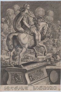 Deska 6: Neronova jezdecká socha při pohledu zezadu, Velký požár Říma v..., ca. 1587-89. od Adriaen Collaert