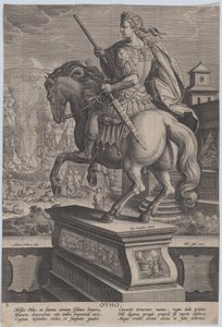 Deska 8: jezdecká socha Otho, pohled zezadu, scéna jeho smrti v pozadí..., ca. 1587-89. od Adriaen Collaert