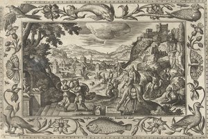 Rebeka a Eliezer u studny Krajiny s biblickými, mytologickými scénami a loveckými scénami (název série) od Adriaen Collaert