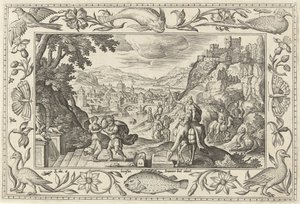 Rebeka a Eliezer u studny Krajiny s biblickými, mytologickými scénami a loveckými scénami (název série) od Adriaen Collaert