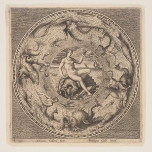 Thetis na mušli, ze sady návrhů na talíře (Fonds de Coupe) od Adriaen Collaert