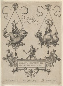 Titulní štítek se dvěma návrhy přívěsků nahoře a Neptun stojící na kartuši dole, 1582. od Adriaen Collaert