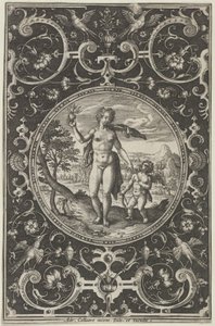 Venuše a Amor v dekorativním rámu s groteskami, ze Soudu v Paříži..., c1580-1600. od Adriaen Collaert