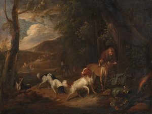 Lovec s honiči na okraji lesa od Adriaen Cornelisz Beeldemaker