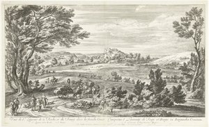 Gezicht o Saint Laurent de la Roche Pohled na St. Laurent de la Roche a Bourg ve Franche-Comté (název na objektu) od Adriaen Frans Boudewyns