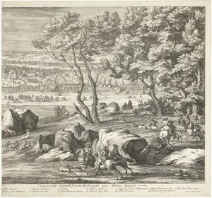 Pohled na hrad Fontainebleau (pravá strana) Veuë du Chasteau de Fontainebleau du costé du Jardin (název na objektu)