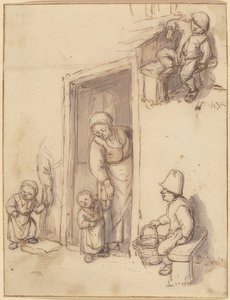 Studijní list s matkou a její dcerou v předních dveřích, sedící dva chlapci. 60. léta 17. století od Adriaen Jansz. van Ostade
