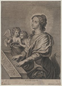 Svatá Cecílie hraje na varhany se dvěma putti vlevo, ca. 1654-77.