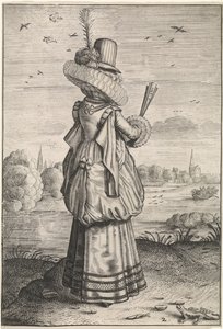 Oděv a mravy šlechtičen a venkovanů Elegantní dáma bij hagedis Kleding en omgeving van Nederlandse adellijke dames en boerinnen (název série) Chování a uctívání vznešených a rezavých představených od Adriaen Matham (possibly)