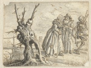 Starší muž a žena ochotně následují smrt a hrají na dudy od Adriaen Pietersz van de Venne