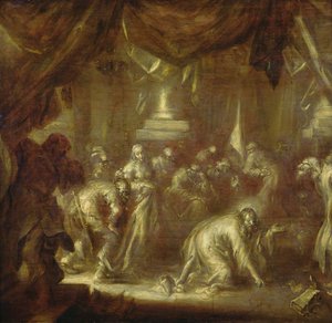 Ježíš a cizoložnice (grisaille na dřevě) od Adriaen Pietersz van de Venne