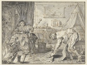 Muž uklízí podlahu, zatímco jeho žena sedí u krbu od Adriaen Pietersz van de Venne