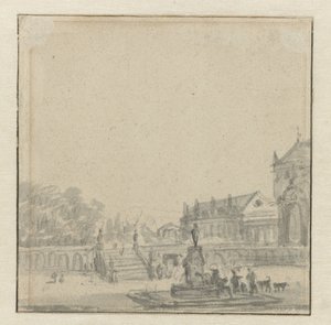 Předhradí paláce s fontánou od Adriaen van de Velde (possibly)