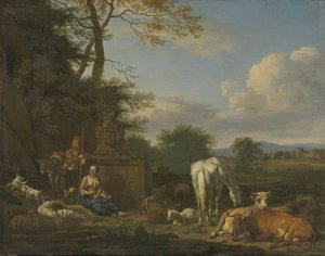 Arkádská krajina s odpočívajícími pastýři a zvířaty, 1664 (olej na plátně na panelu) od Adriaen van de Velde