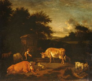 Pastýřka a drover se svými hejny u klasické fontány v zalesněné krajině od Adriaen van de Velde