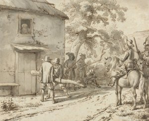 Vojáci vynutí dveře, 1669 (kresba perem a tuší) od Adriaen van de Velde