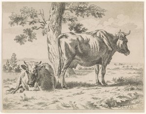 Dvě krávy u stromu (název série) Pasoucí se kráva u stromu a dvě ovce od Adriaen van de Velde